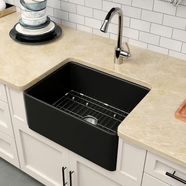 Kuomih Black Fireclay 24 in. Single Bowl round Corner Farmhouse Apron Kitchen Sink with Bottom Grid and Basket Strainer