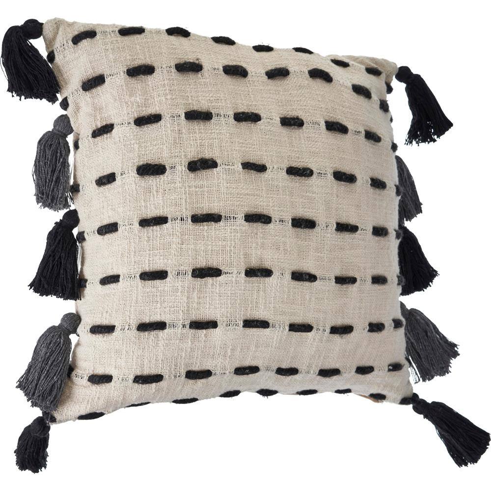 Square Black and Cream Embroidered Tasseled Throw Pillow