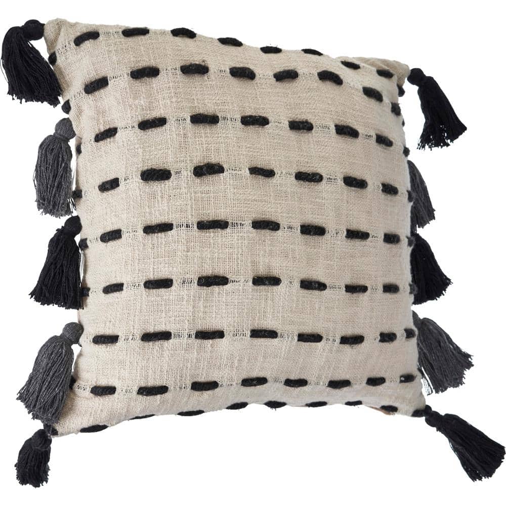 Square Black and Cream Embroidered Tasseled Throw Pillow