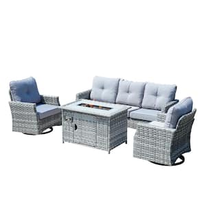 Fay 4-Piece Wicker Patio Fire Pit Set with Gray Cushions and Swivel Chairs