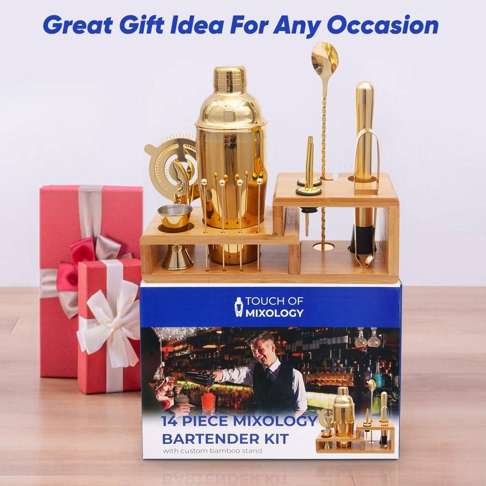 Gold Stainless Steel 14-Piece Bartender Kit with Bamboo Stand