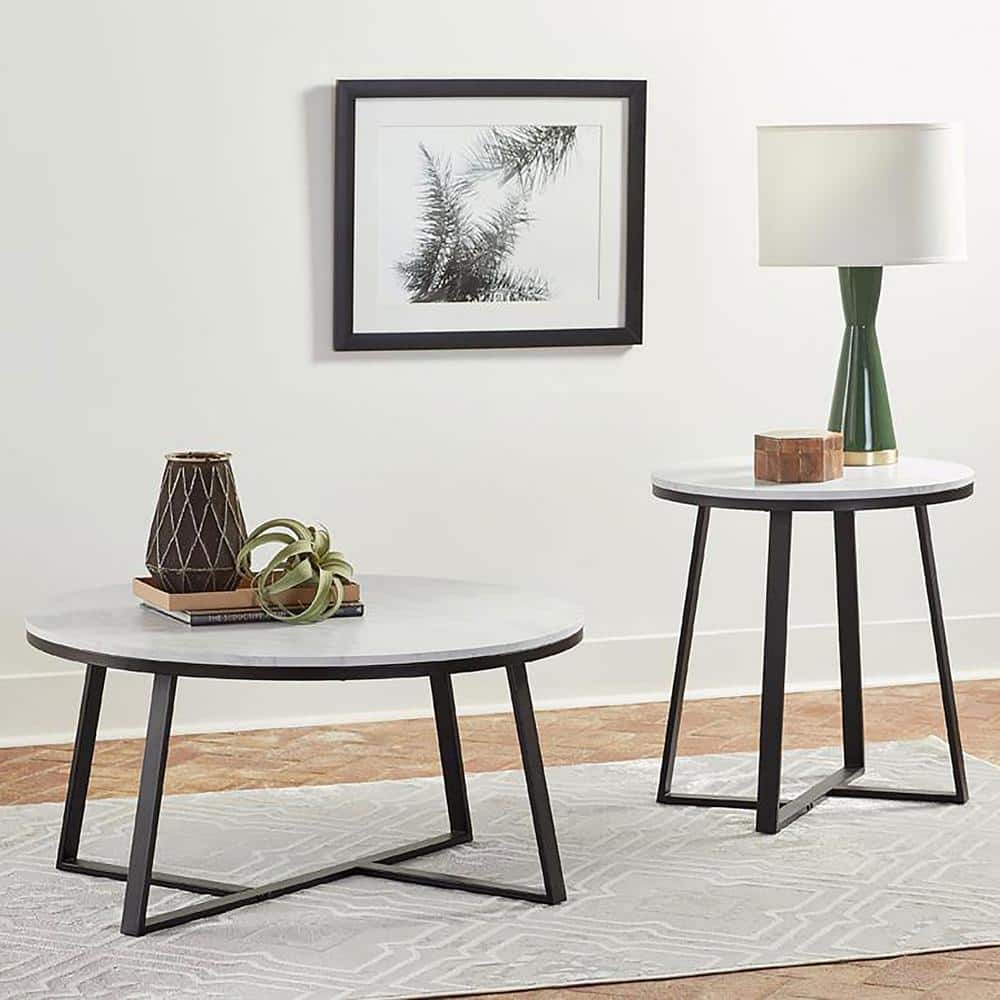 Hugo Round White Faux Marble and Black Metal End Table