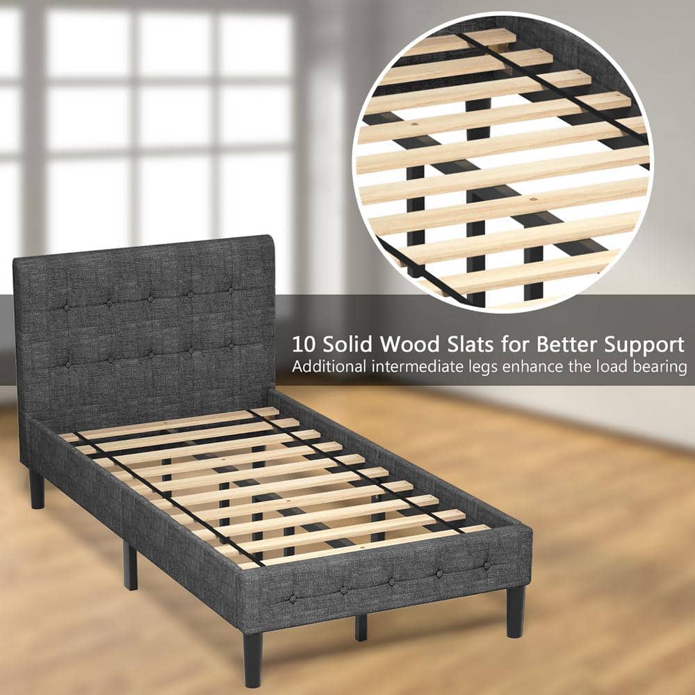 Modern Twin Upholstered Bed Frame with Nailhead Trim and Metal Headboard