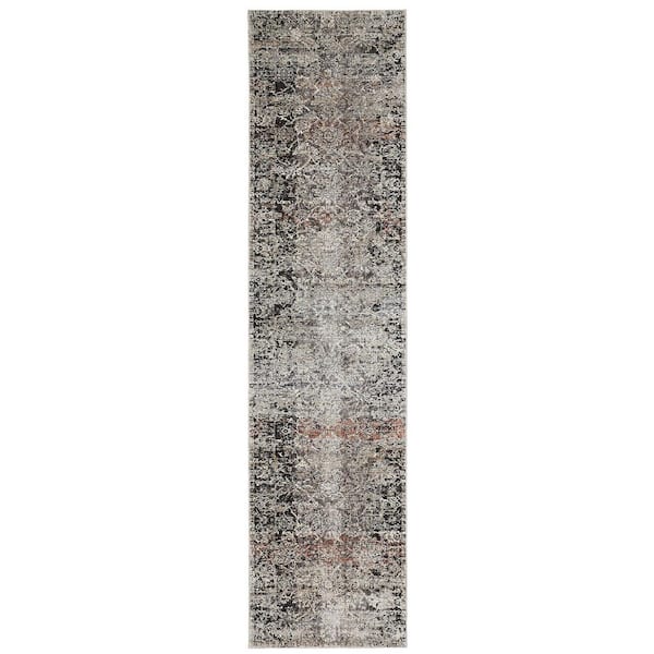 3 ft. x 12 ft. Gray and Black and Red Oriental Area Rug