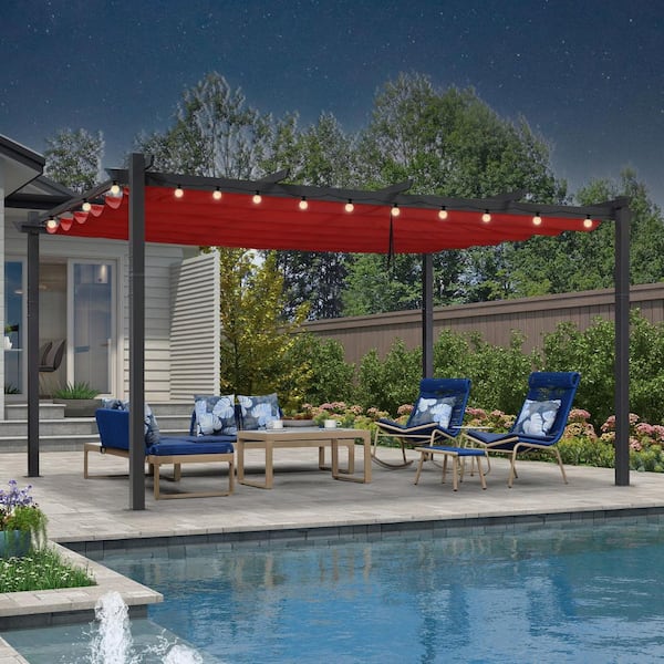 PURPLE LEAF 12 ft. x 16 ft. Gray Aluminum Frame Outdoor Patio Pergola with Red Retractable Sun Shade Canopy and String Lights