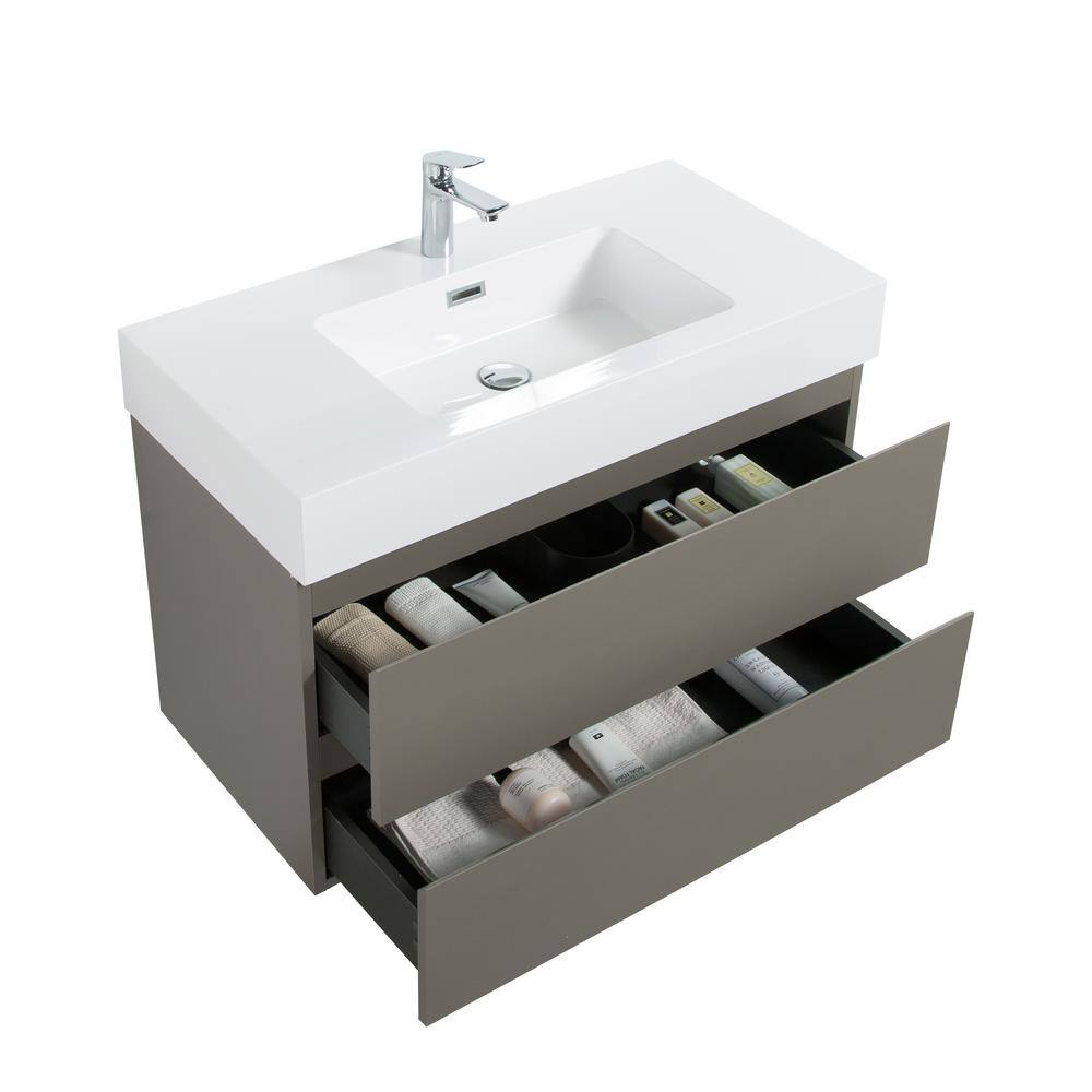 Grey Wall-Mounted Bathroom Vanity with White Resin Sink, 36"