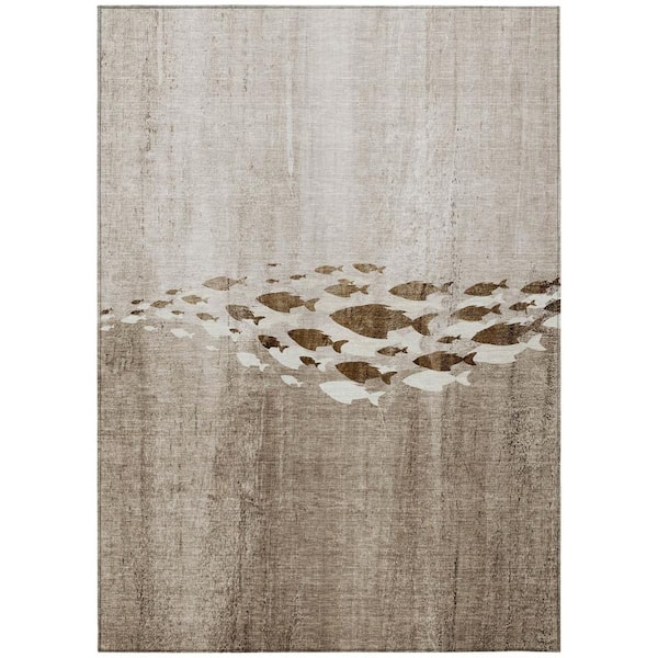 Taupe, Brown, Khaki 8 ft. x 10 ft. Woven Geometric Polyester Rectangle Indoor/Outdoor Area Rug
