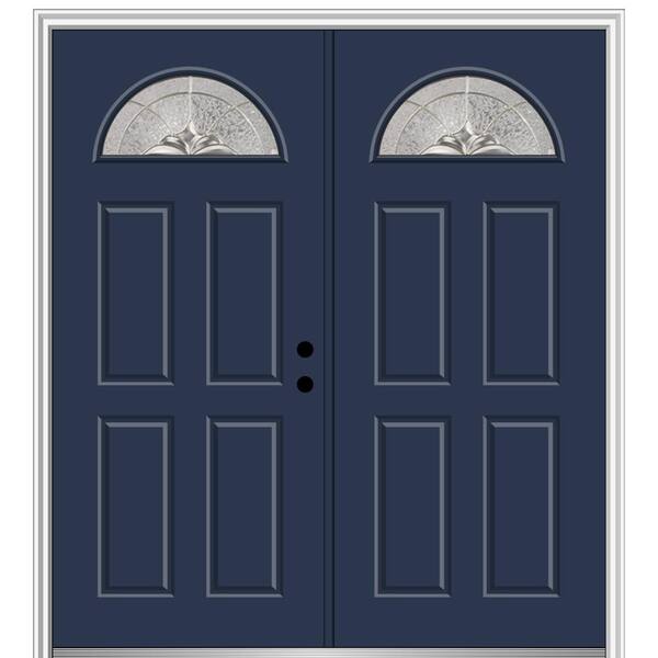 MMI Door 60 in. x 80 in. Heirlooms Left-Hand Inswing Fan Lite Decorative Glass 4-Panel Painted Steel Prehung Front Door