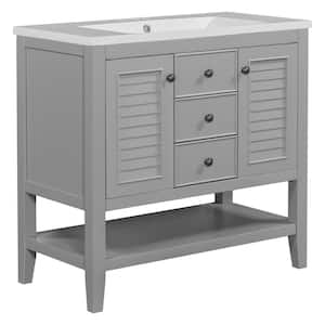35.98 in. W x 18.03 in. D x 34.38 in. H Single Sink Freestanding Bath Vanity in Gray with White Ceramic Top