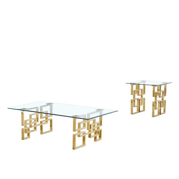 Best Quality Furniture Brandon 55" in Silver Rectangle Gold Tempered Glass Coffee Table 32" Set of 2
