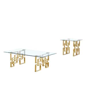 Brandon 55" in Silver Rectangle Gold Tempered Glass Coffee Table 32" Set of 2