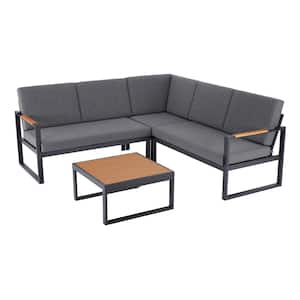 Pinnacle Park Black 4-Piece Wood Outdoor Sectional Set with Dark Grey Cushions