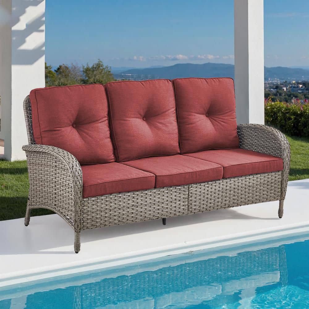 mamy様 Pocassy Flat armrest series 3 Seat Gray Wicker Outdoor Patio Sofa