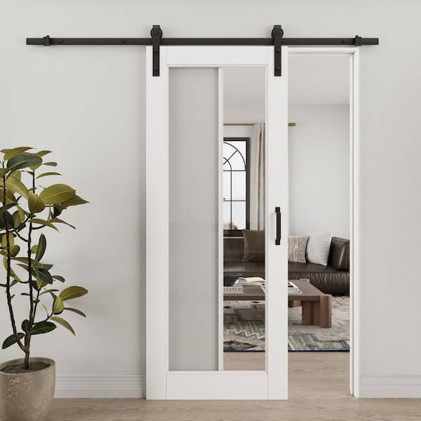 32 in. x 80 in. 1-Lite Tempered Clear Glass White Primed Solid Core MDF Sliding Barn Door with Hardware Kit