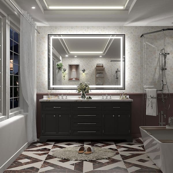 55 in. W x 40 in. H Rectangular Framed Front and Back LED Lighted Anti-Fog Wall Bathroom Vanity Mirror in Tempered Glass