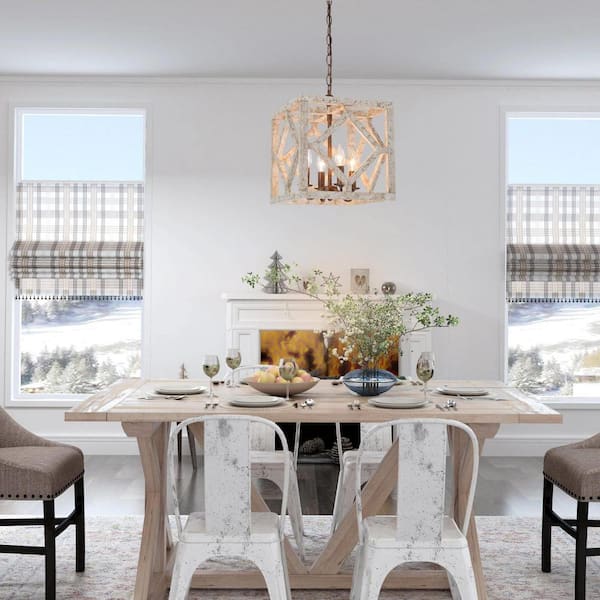 Farmhouse Antique White Wood Chandelier with Weathered Square Cage, 4-Light Lantern Pendant with Rusty Metal Accents