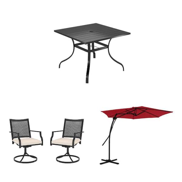 Red 10 ft. Cantilever Umbrella, Patio Dining Table, and Swivel Dining Chairs Set (4-Piece)