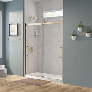 Arelo 56 in. to 60 in. W Semi-Frameless Sliding Shower Door AquaGlideXP Clear Glass, Brushed Gold Finish