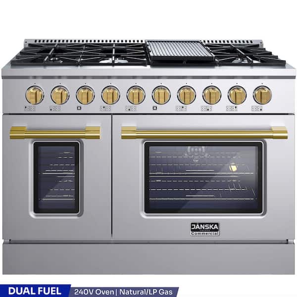 Professional 48 in. Freestanding Dual Fuel Range, 8-Burners, 6.7 cu. ft. Double Oven, Griddle, Stainless Steel w/ Gold