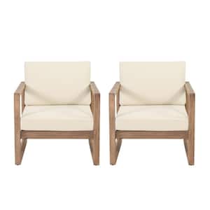 Biljon Brown Wash Wood Water Resistant Outdoor Patio Lounge Chair with Beige Cushion (2-Pack)