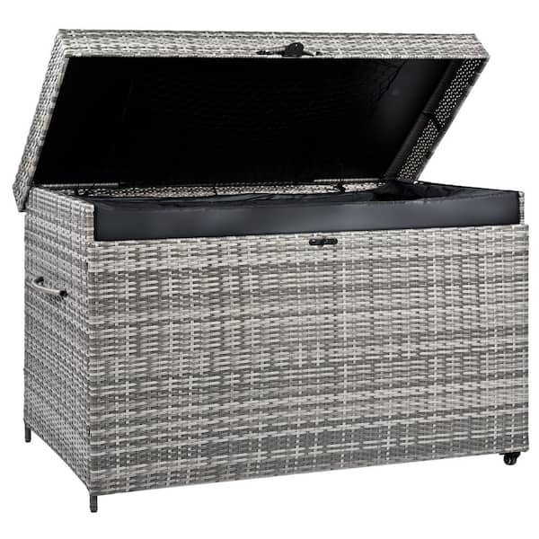 230 Gal. Rattan Wicker Deck Box with Wheels and Steel Frame-Gray Outdoor Storage Deck Box