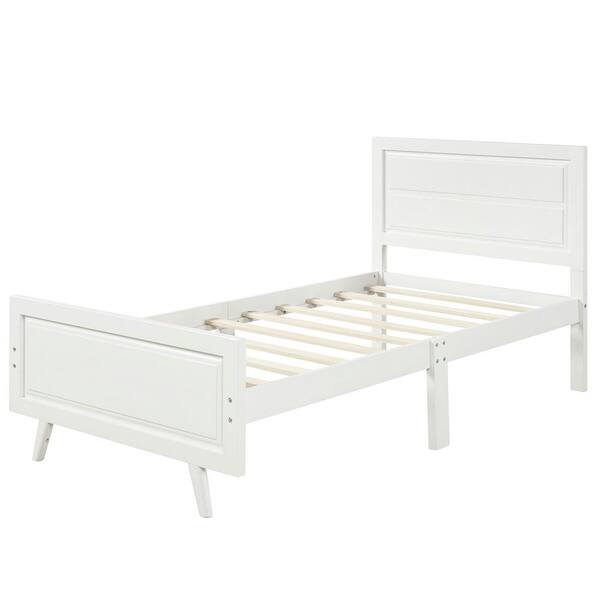 Boyel Living White Wood Platform Bed Twin Bed Frame Mattress Foundation with Headboard and Wood Slat Support