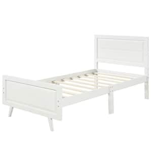 White Twin Size Wood Platform Bed with Headboard and Wood Slat Support