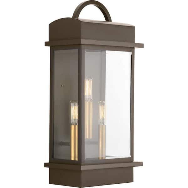 Progress Lighting Santee Collection 3-Light Antique Bronze Clear Beveled Glass Farmhouse Outdoor Large Wall Lantern Light