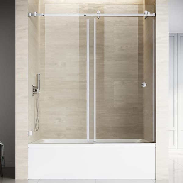 UNIKOO UKS09 56 to 60 in. W x 66 in. H Single Sliding Frameless Bathtub Door in Chrome with EnduroShield 3/8 in. Clear Glass