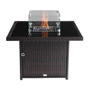 Hudson 36 in. X 36 in. Outdoor Square Brown Wicker Aluminum Propane Fire Pit Table In Tempered Glass W/Fire Glass