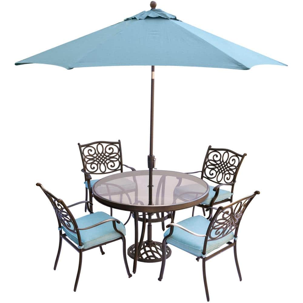 Round Glass Top Table Umbrella, Glass Patio Dining Set With Umbrella