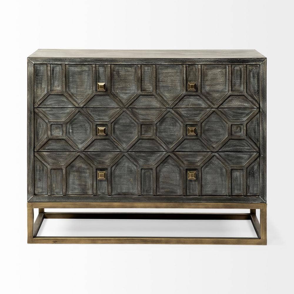 Genevieve Light Gray Wood and Antique Brass 3-Drawer Cabinet