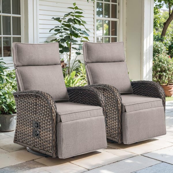 SleekArm Brown 2-Piece Wicker Outdoor Recliner with Olefin Beige Cushions and Flat Armrests Patio Swivel Chairs