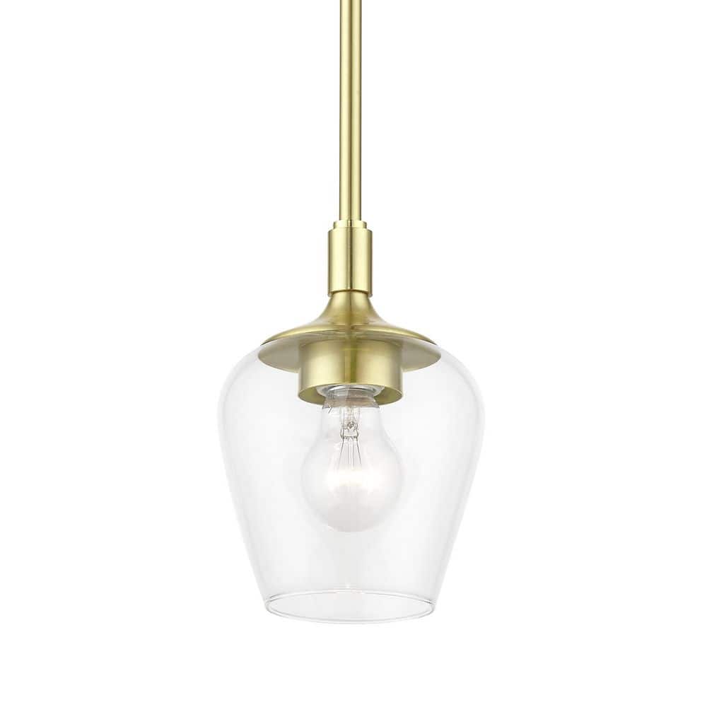 Elegant Transitional Satin Brass 1-Light Pendant with Clear Glass Shade