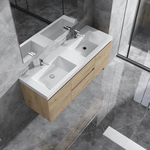 60 in. W x 20 in. D x 22 in. H Floating Bathroom Vanity in Natural Oak with Double Solid Surface Sink Top in White
