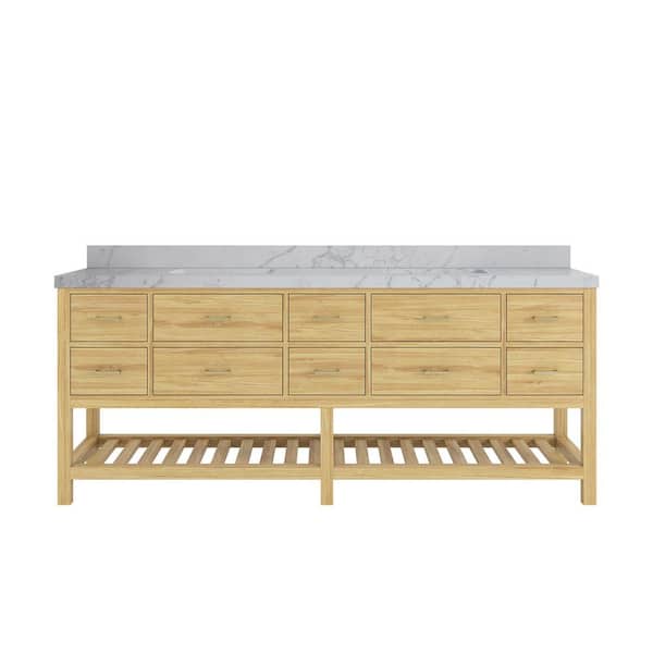 Willow Collections Parker Teak 84 in. Double Sink Freestanding Light Natural Bath Vanity with Regular Venatino Qt. Top Unassembled