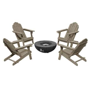 5-Piece Set Outdoor Adirondack HDPE Material Plastic Brown Chair with 28 in. Composite Material Patio Fire Pit Table