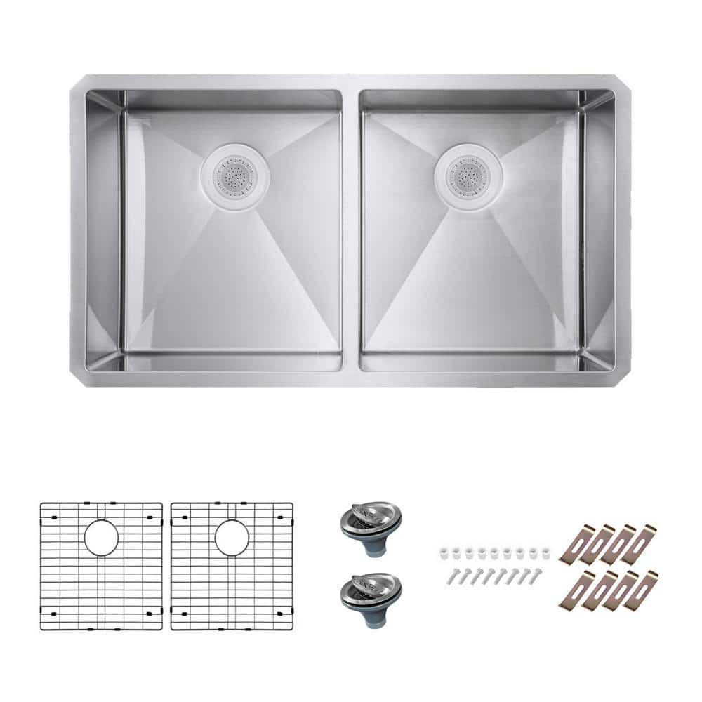 Bryn Stainless Steel 16-Gauge 30 in. x 19 in. Double Bowl Undermount Kitchen Sink with Grid and Drain -  PELHAM & WHITE, PWS102-19