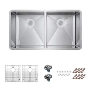 Bryn Stainless Steel 16-Gauge 30 in. x 19 in. Double Bowl Undermount Kitchen Sink with Grid and Drain