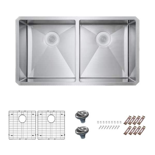 PELHAM & WHITE Bryn Stainless Steel 16-Gauge 30 in. x 19 in. Double Bowl Undermount Kitchen Sink with Grid and Drain