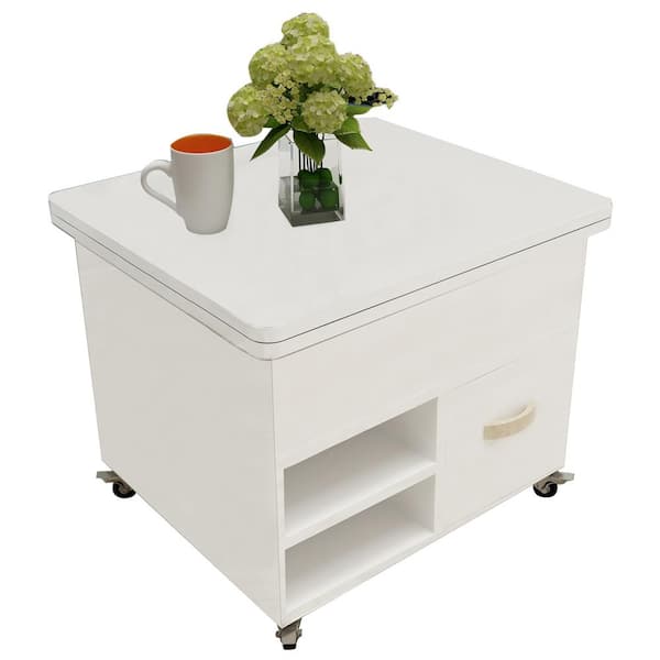 JASIWAY 26.77 in. White Rectangle Expandable MDF Top Coffee Table
