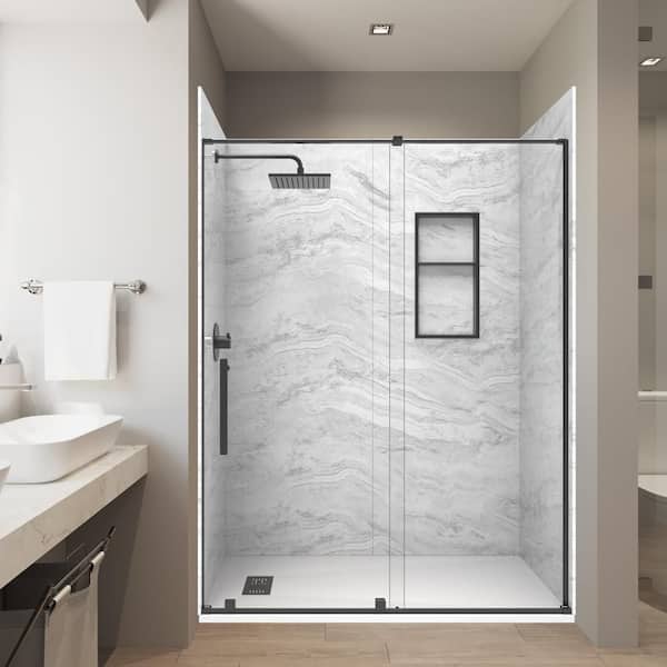 SierraLight 32in. x60in. x 84in. Solid Composite Stone Alcove Shower Combo Kit Matching Matte Black Door,Niche and Drain