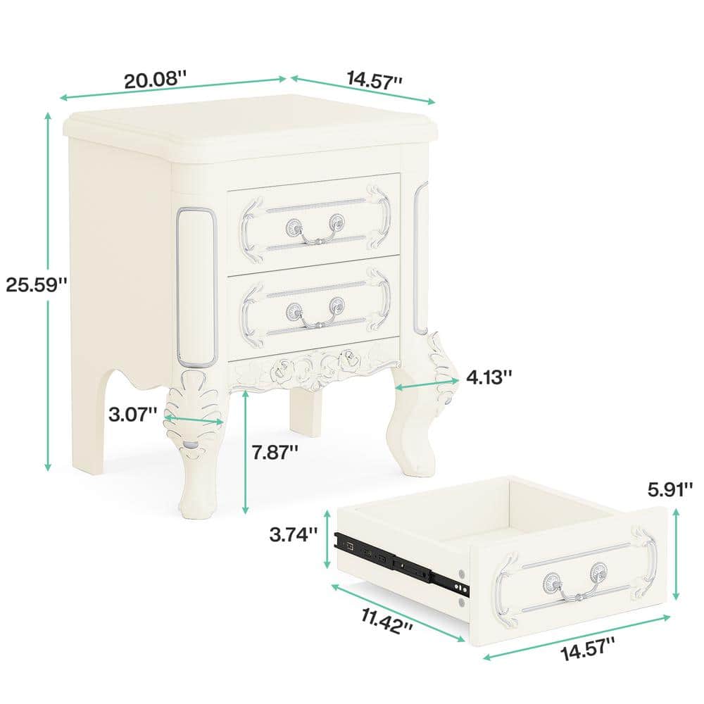 Cream White Carved Wood Nightstand with Silver Accents and 2 Drawers