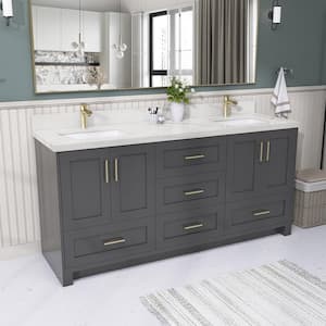 72 in. W x 22 in. D x 35 in. H Double Sink Freestanding Bath Vanity for Bathroom in Gray with White Marble Top and Basin