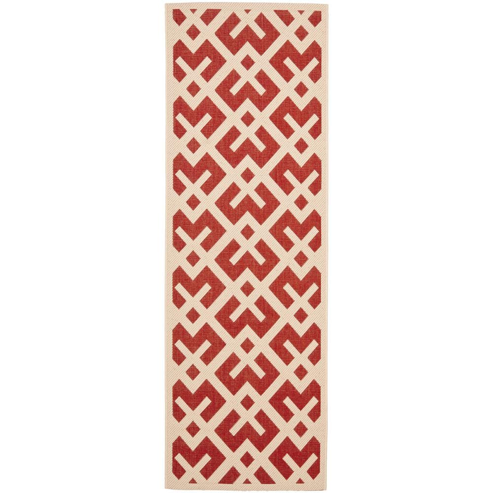 Red and Bone Geometric Low Pile Indoor/Outdoor Runner Rug
