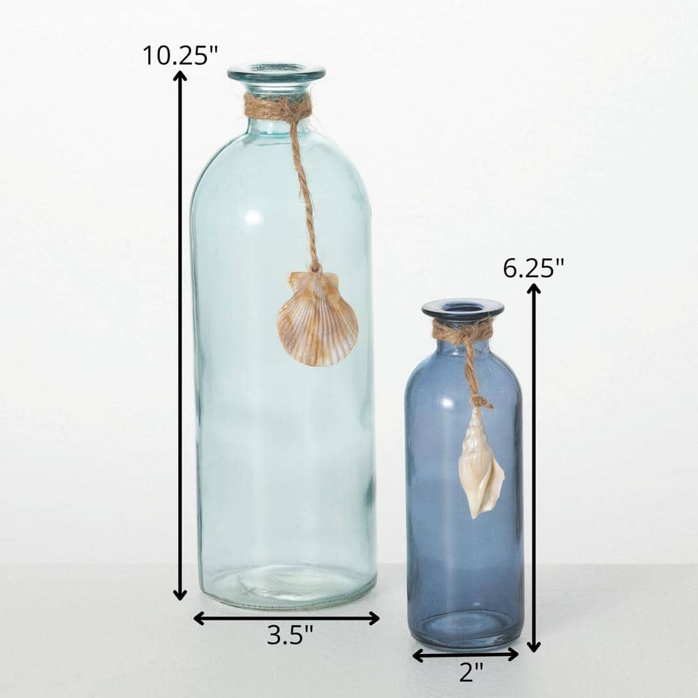 Sea-Blue Glass Bottle Vase Set with Jute and Seashell Accents