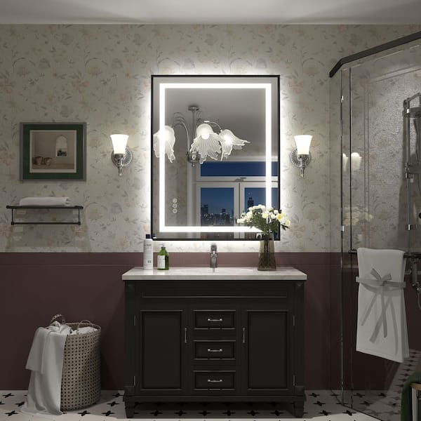 28 in. W x 36 in. H Rectangular Framed Front and Back LED Lighted Anti-Fog Wall Bathroom Vanity Mirror in Tempered Glass