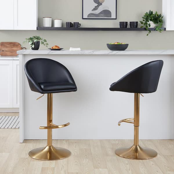 Lumisource Matisse Highback 32.5 in. Black Faux Leather and Gold Metal Adjustable Bar Stool with Rounded T Footrest (Set of 2)