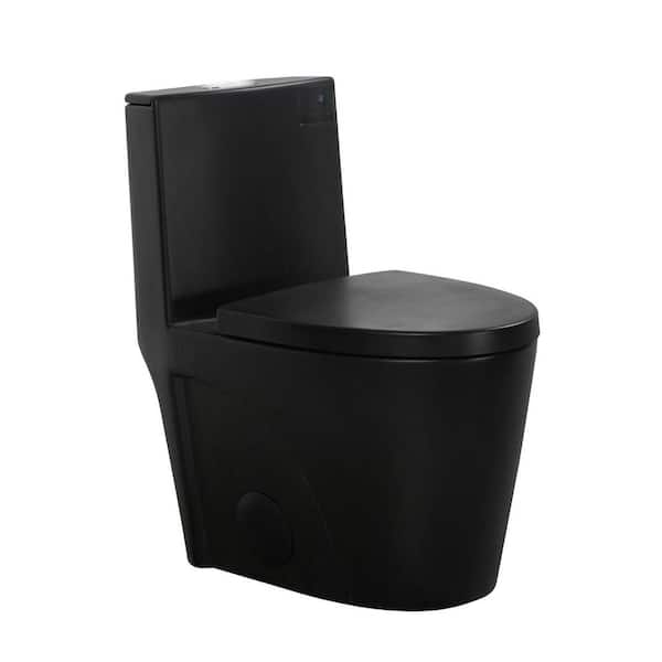 EAKYHOM Power Flush One-Piece 1.1/1.6 GPF Dual Flush Elongated 15.6 in" Toilet in Matte Black, Slow-Close Seat Included
