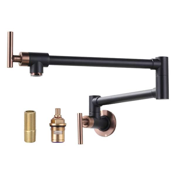 Brass Wall Mount Pot Filler with 2 Handles and Double Joint Swing Arms Folding Kitchen Faucet in Rose Gold and Black